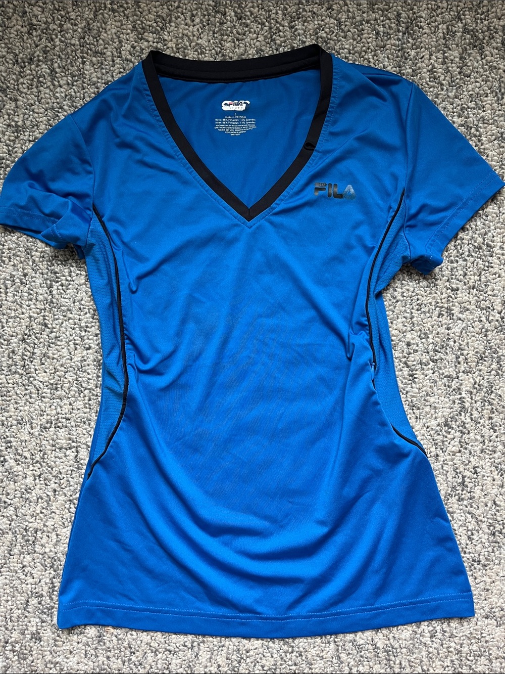 Fila Women's Royal Blue V-Neck Short Sleeve Athletic Tee with Black Trim